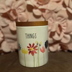 NWOT Rae Dunn - THINGS jar with wooden lid. Watercolor floral design.